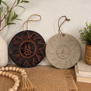 Set of 2 Celestial Sun Face Wall Plaques Rustic Boho Terracotta Hanging Decor 7"